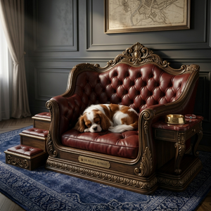 Divano Sezionale Classico in Pelle per Villa di Lusso, Mobili da Soggiorno in Legno Massello Intagliato con Letto Integrato per Animali Domestici - Product Image 4