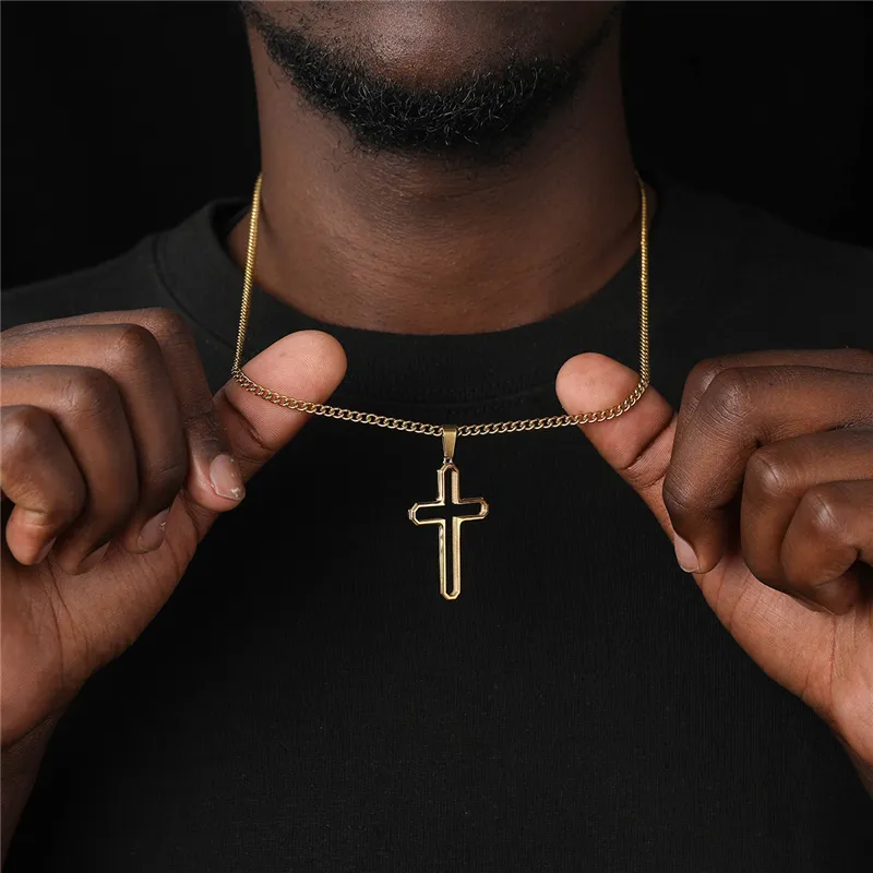 Stainless Steel Hollow Star Cross Pendant Necklace Hypoallergenic Hollow Cross Cool Gold Cross Charm Necklaces for Women Men