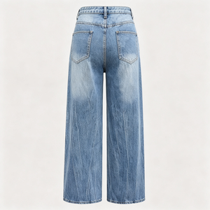 Jeans de mezclilla de mujer OEM ODM personalizados, transpirables, de verano, de cintura alta, de pierna ancha, con lavado arrugado y ajuste holgado - Product Image 3