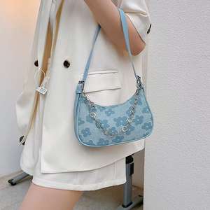 Denim <b>Shoulder</b> <b>Bag</b> with Floral Print and Chain <b>Strap</b> Crossbody <b>Bag</b> for Women - Product Image 3