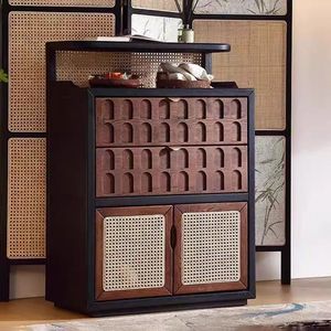 Solid Wood Sideboard Oak Rattan Woven <b>Storage</b> Cabinet Double Doors Nordic Style Entryway Furniture Small Apartment Home Use - Product Image 2