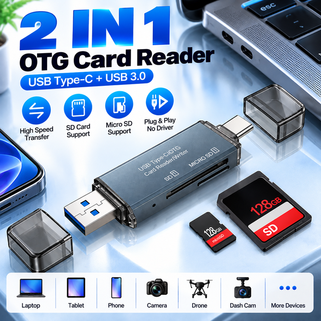 USB 3.0 USB C Card Reader 2 in 1 OTG SD TF Memory Card Reader Dual Interface Type C Adapter for Laptop PC Phone Tablet