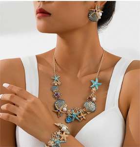 FLANK16 Affascinante Set di Gioielli Ispirato al Mare con <span class=keywords><strong>Collana</strong></span> di Conchiglie Blu e Stelle Marine con Perla e Catena Intrecciata Placcata Oro per Feste in Spiaggia - Product Image 2
