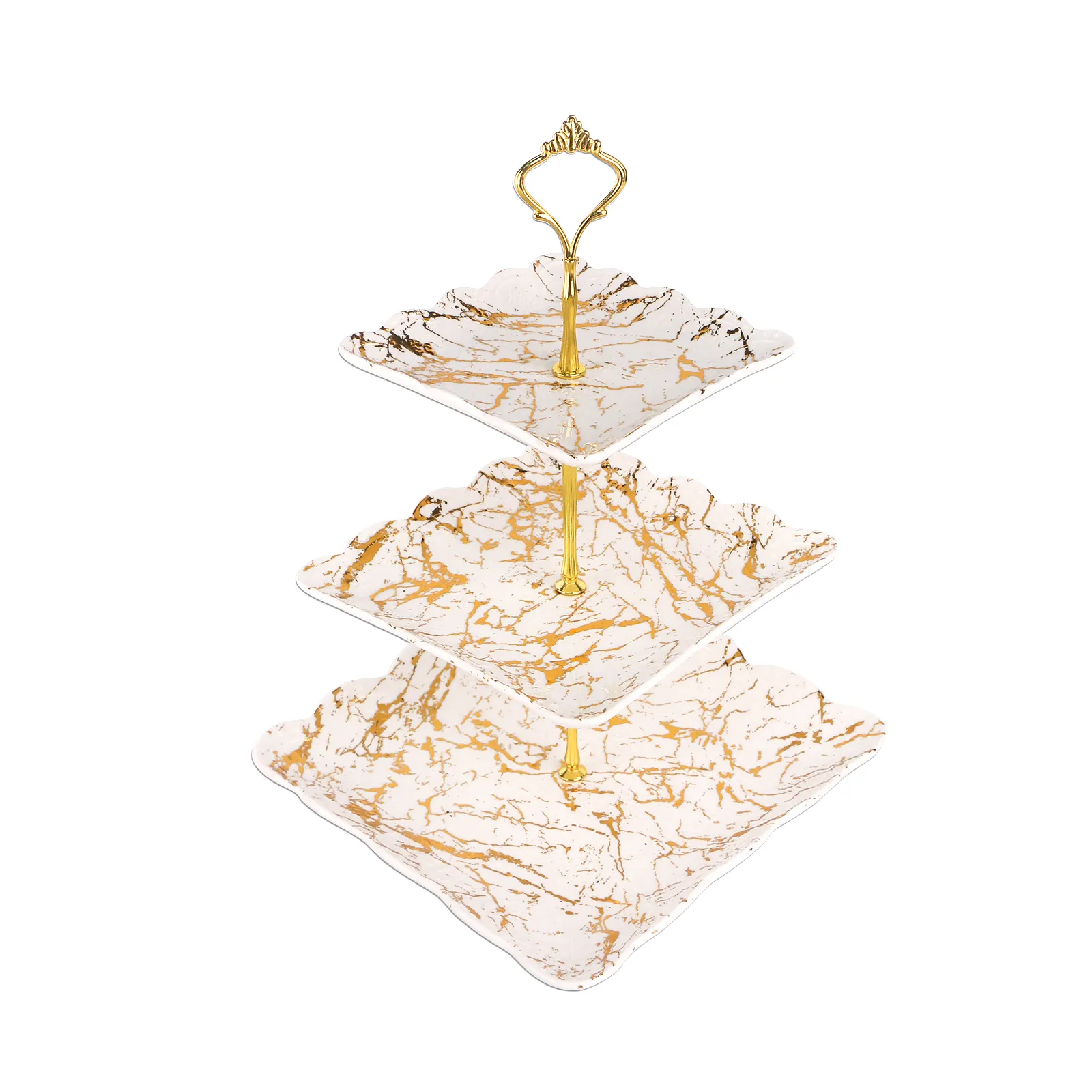 Golden Marbling White Dreistufige quadratische Platte Keramik Kuchen und Obstschalen für Geburtstag/Hochzeit Serie Kuchenst änder