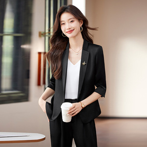 Pink Women's Summer Suit Set Three Quarter Sleeve Satin Office Lady Professional Casual Breathable Polyester Fabric - Product Image 5