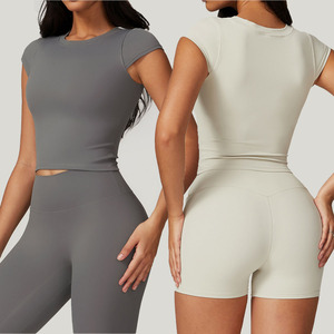Logo personnalisé femmes décontracté respirant Gym Yoga T-shirt couleur unie <span class=keywords><strong>Femme</strong></span> course haut court séchage rapide <span class=keywords><strong>Fitness</strong></span> hauts - Product Image 1