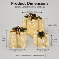 Coffret Cadeau de Noël Lumineux en Métal, Lot de 3, Forme Cube, avec Ruban Argenté et Maille Crème, Réutilisable/Durable, Décoration de Fêtes pour la Maison