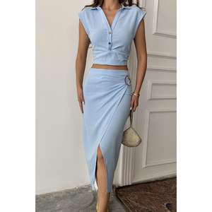 Conjunto de Camisa y Falda Azul Bebé de Lino, Traje de Tela Oxford Transpirable para Mujer - Product Image 3