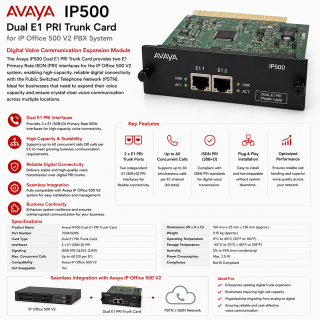 Avaya IP500 Dual E1 PRI Trunk Card for IP Office 500 V2 PBX System Digital Voice Communication Expansion Module