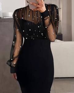 Vestido elástico de malla con diamantes de imitación negros para mujer, elegante, para noche, venta al por mayor - Product Image 1