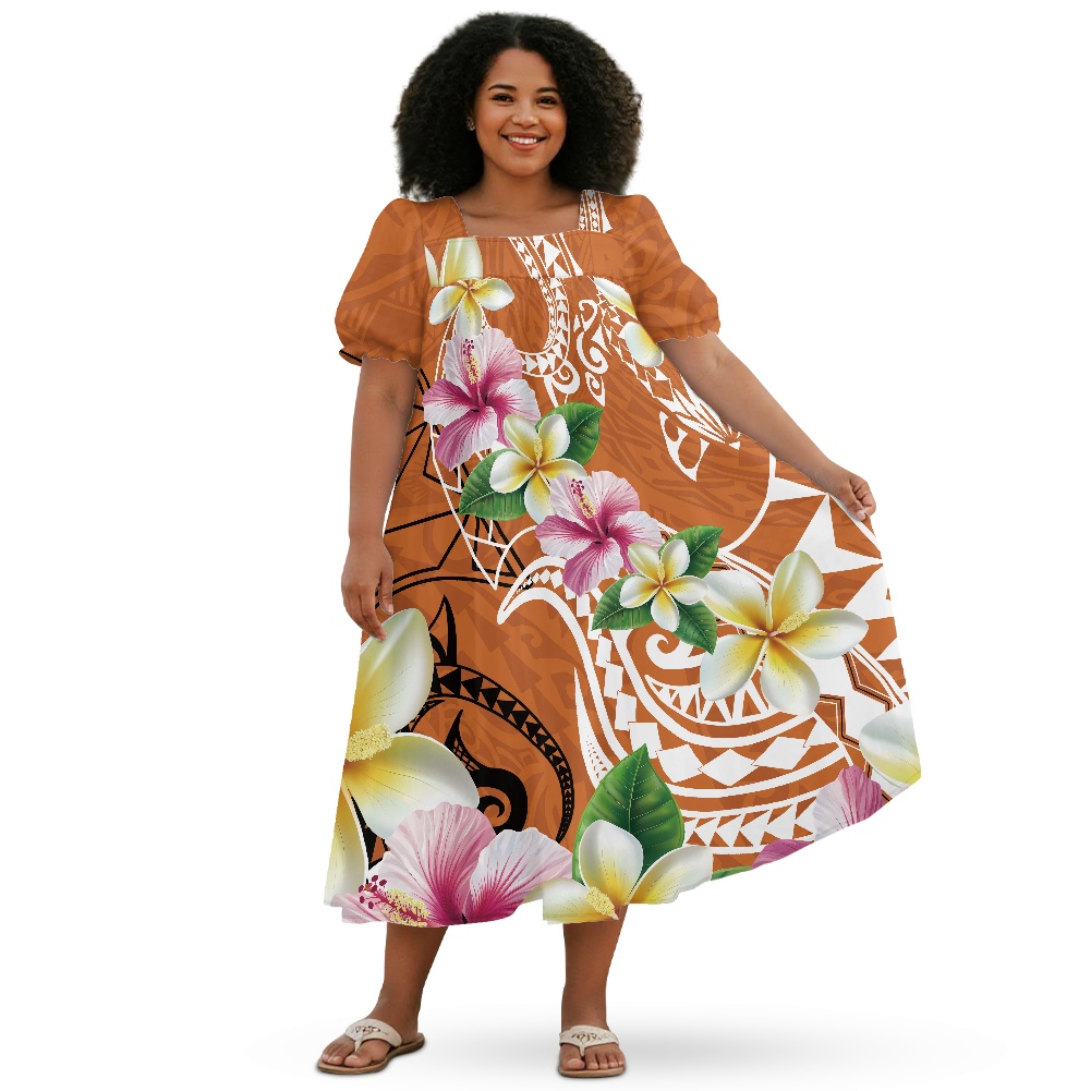 white christmas dresses Hibiscus Puletasi Dress Fiji Orange Patterns