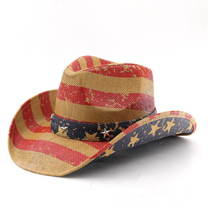 Chapeau de cowboy en paille fait main à bord roulé pour l'été, style Texas Ranger, <span class=keywords><strong>Stetson</strong></span> Panama, avec imprimé drapeau américain pour hommes - Product Image 3