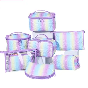 Ensembles de maquillage de voyage personnalisé 7 pièces avec cœur violet Sacs fourre-tout en cuir Pu imperméables Petits sacs à cosmétiques Étuis à cosmétiques de voyage