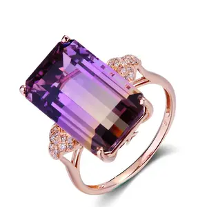 Anillo de oro rosa de 14K para mujer, conjunto de microanillo de turmalina, de piedra de ladrillo de circón, joyería geométrica de oro rosa de 18K