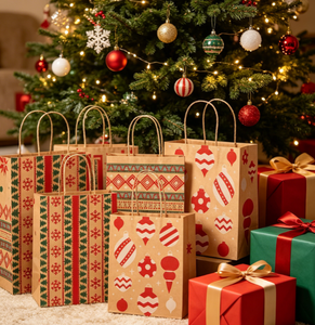 Sacs cadeaux de Noël en papier kraft brun écologiques, imprimés flocons de neige géométriques classiques, sacs fourre-tout pour le shopping, emballage cadeau - Product Image 3