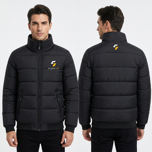 Men's Black Puffer <b>Jacket</b> Stand Collar Zipper Closure Windproof Casual Winter 100% Polyester Solid Color - Product Image 1
