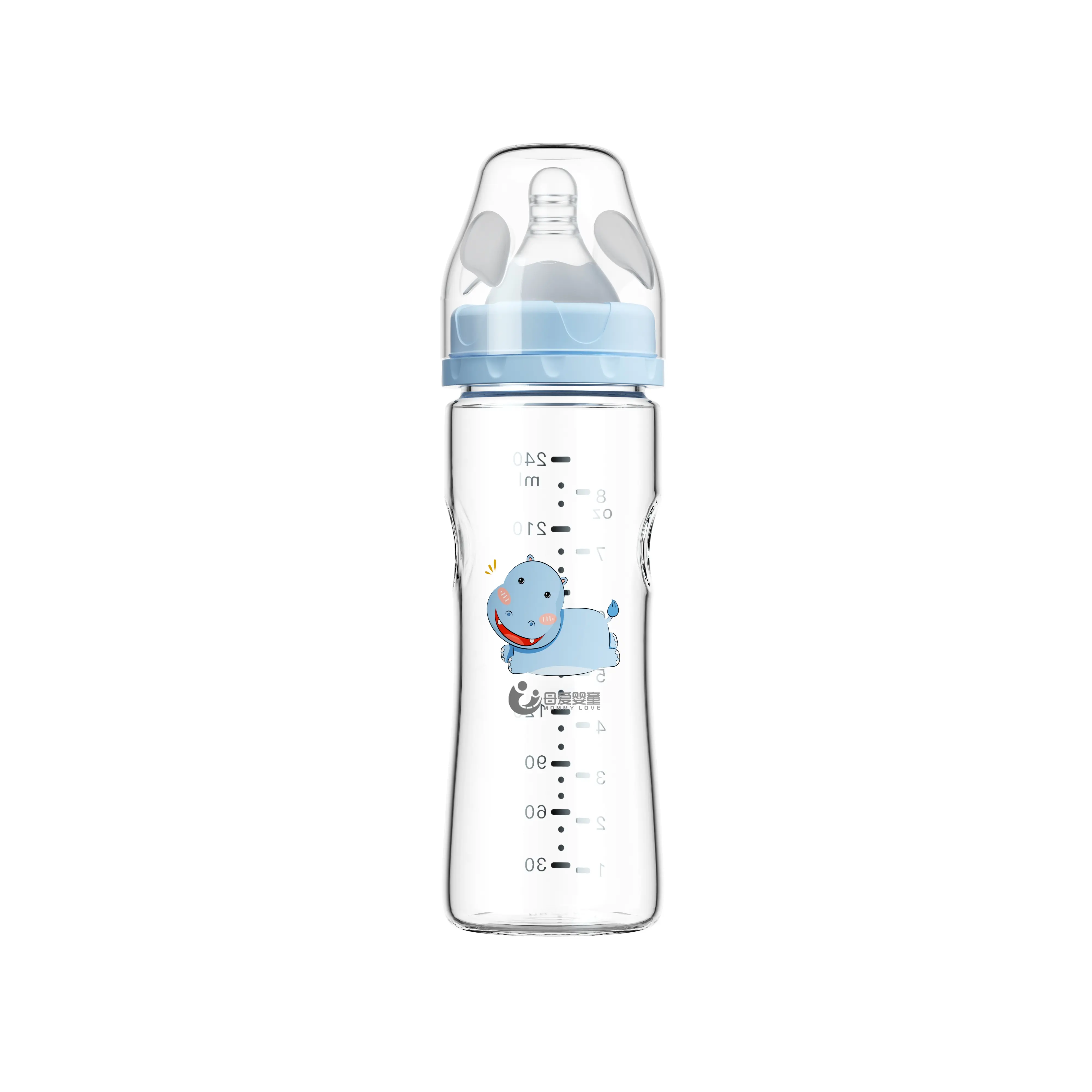 विस्तृत-गर्दन नई डिजाइन शुद्ध बच्चे गिलास दूध की बोतल 240ML 8OZ बच्चे कांच की बोतल के साथ सिलिकॉन निपल