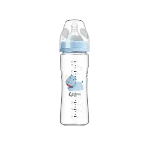 Wide-neck new design pure baby glass feeding bottle 240ML 8OZ baby glass bottle with silicone nipple