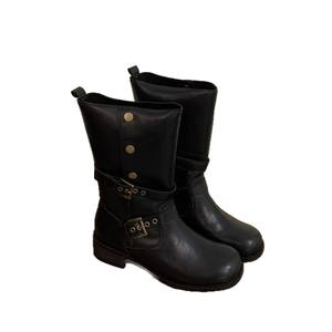 Versión de Cuero Vacuno ~ Botas de Cuero Genuino para Mujer, Novedades Otoño-Invierno 2025, Hebilla de Cinturón, Punta Redonda, Botas de Montar a Media Pantorrilla - Product Image 1