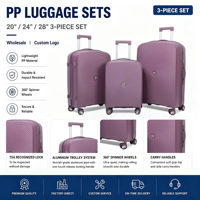Valise rigide en PP unisexe grande capacité 20 24 28 pouces, fabrication directe d'usine, ensemble de 3 pièces, léger et imperméable
