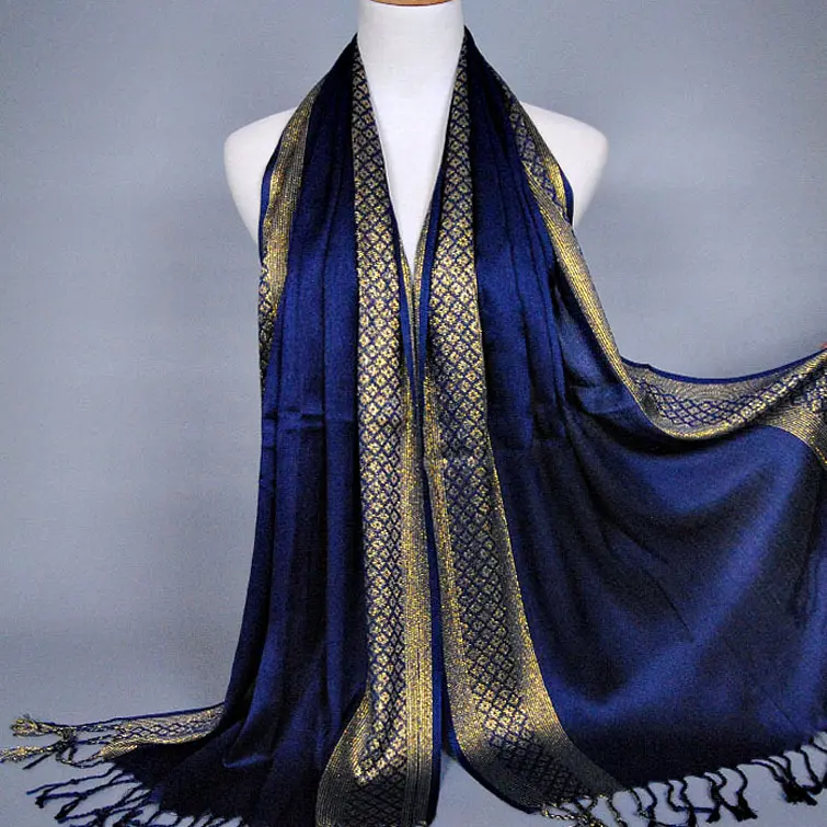 Оптовая продажа, золотистый Шелковый клетчатый женский длинный шарф с бахромой, шаль, модный новый осенний шарф, мусульманские женские хиджабы
