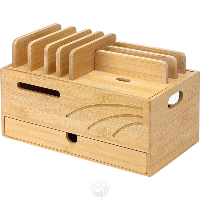 Bamboo Wood Charging Dock Station Organizer with Cable Management for Phone for Living Room