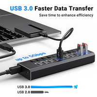 Hub USB 3.0 10 ports alimenté avec interrupteurs individuels, indicateur LED, en aluminium, pour ordinateur portable, PC, ordinateur de bureau