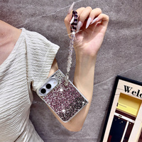 Étui de téléphone élégant et glamour avec strass dégradés, cadre plaqué duo, bracelet perlé en cristal, coque de protection