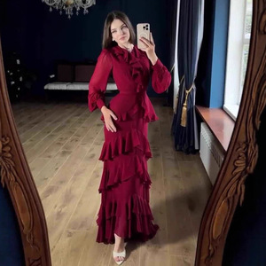 Vestido de Verano X-26 para Mujer, Estilo Medio Oriente, Corte Entallado, Elegante, Largo hasta el Tobillo, con Dobladillo Evase, de Poliéster Suave y Transpirable, Mangas Largas - Product Image 4