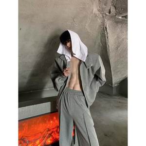 Conjunto de Dos Piezas para Hombre, Primavera-Otoño 2024, Chaqueta Cárdigan con Cuello Alto de Satén, Estilo Deportivo Casual, Pantalones Largos Holgados con Estampado de Puntos - Product Image 5