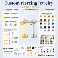Piercing Labret à dos plat en CZ transparent ASTM F136, boucle d'oreille pour cartilage, or et argent, petit bijou de piercing, vente en gros