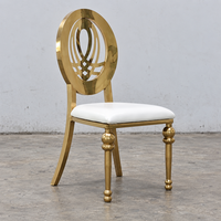 Chaise de banquet ovale en acier inoxydable doré avec dossier sculpté et assise en cuir PU