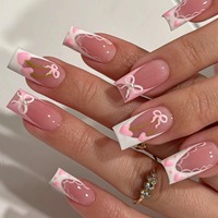 Uñas Postizas Rosas con Diseño de Lazo y Corazón, Punta Francesa 3D, Acabado Brillante, Forma Ataúd, para Bodas, Fiestas, Salón de Manicura 4332