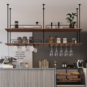 رف عتيق مثبت في السقف رف نبيذ معلق عائم على الطراز الأوروبي خشب صلب حديدي من السقف - Product Image 1