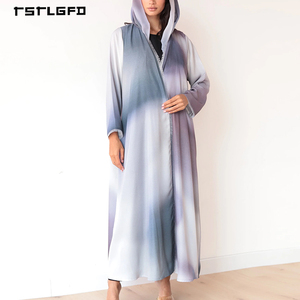 Abaya con Capucha Degradado Ombre para Mujer, Azul Gris Lavanda, con Flecos, Manga Larga, Modesta, Musulmana, Casual, Kimono Maxi - Product Image 1