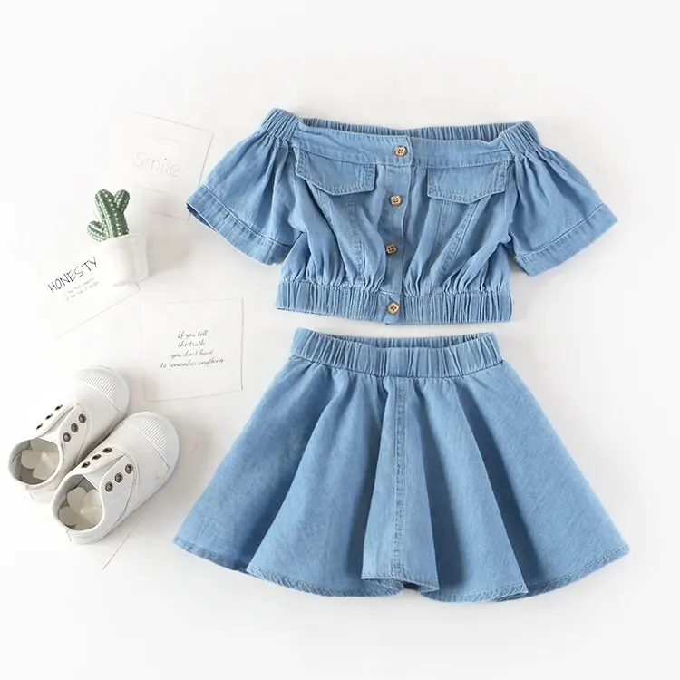 Casual Set New fashion Toddler Girl Clothing Set Sleeveless Button Denim Top And Jeans Skirt Set Clothing For Kids