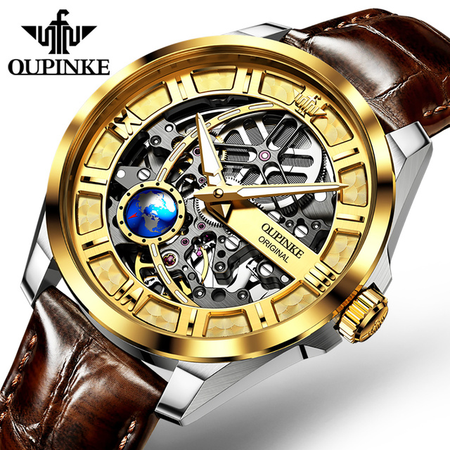 OUPINKE 3268 OEM Custom Brand Water Resistant Skeleton Mechanical Flywheel Design Luxury Automatic Movement Men Wrist Watch