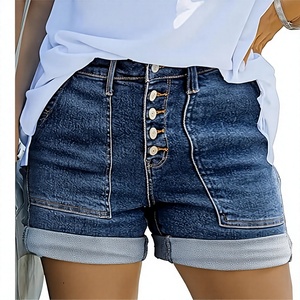 Women's Baggy Dark Blue Denim Shorts High Waist Multi Button Cuffed Hem Summer Women Clothing <b>Jeans</b> - Product Image 3