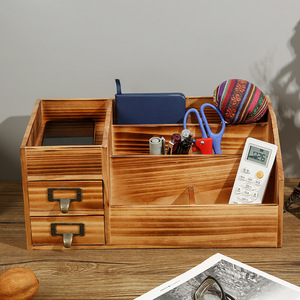 Caja de almacenamiento de madera para escritorio con cajones, para organizar bolígrafos, mandos a distancia, color quemado, forma rectangular, para oficina y sala de estar - Product Image 3
