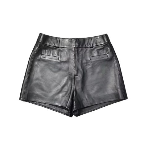 3615 Plus Size Street Style Plain Mid Waist Genuine Sheepskin Black Leather Shorts for Women