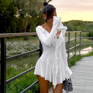 Vestido Mini <span class=keywords><strong>de</strong></span> Noche Elegante y Sexy con Cuello en V, Manga Larga, Volantes y Cordones para Mujer, Vestido <span class=keywords><strong>de</strong></span> <span class=keywords><strong>Fiesta</strong></span> Elegante, Ropa <span class=keywords><strong>de</strong></span> Calle - Product Image 4