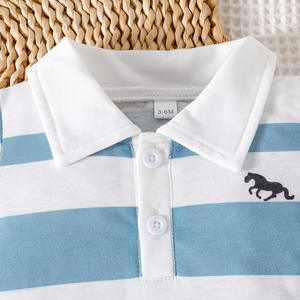 Conjunto de Ropa Casual de Verano para Bebés Niños, 2 Piezas, Chaqueta con Solapa a Rayas y Pantalones Cortos de Color Sólido - Product Image 3