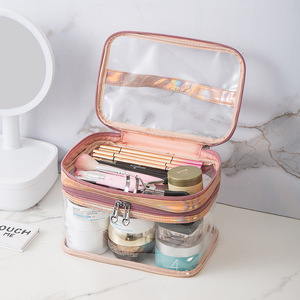 Clear Cosmetic Bag With Zipper Travel Toiletry <b>Pouch</b> <b>Waterproof</b> Makeup Organizer For Trip Storage Case Double Layer Black - Product Image 3