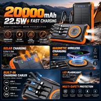 Banque d'alimentation solaire d'extérieur 20000mAh 22.5W, charge rapide, chargeur sans fil 15W, câbles intégrés, lumière LED, banque d'alimentation portable