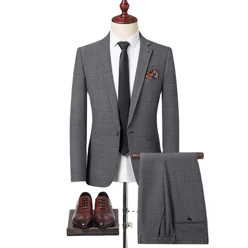 Herren neuer Anzug zweiteiliger Anzug grau karierte Mode elegante Hochzeit Trauzeuge formelle Kleidung Business Wear