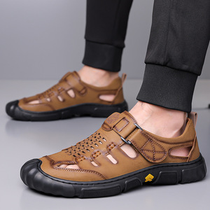 Men's <b>Closed</b> <b>Toe</b> Breathable Genuine Leather Flat <b>Sandals</b> Casual Summer Outdoor Shoes With Strap White Size 42 - Product Image 2