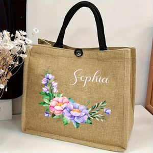 Sac fourre-tout en lin personnalisé avec des éléments floraux, un cadeau spécial pour la rentrée scolaire, la fête des enseignants, la fête des mères, les anniversaires - Product Image 1