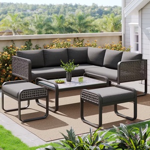 Ensemble de meubles de <span class=keywords><strong>jardin</strong></span> de luxe moderne Ajunion, canapé d'angle en forme de L, structure en métal, corde tressée, canapé d'extérieur portable pour cour - Product Image 1