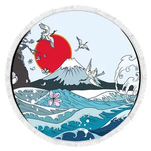 קריקטורה יפן הוקאידו הר פוג 'י מבט מיקרופייבר עגול חוף מגבת עם גדילים