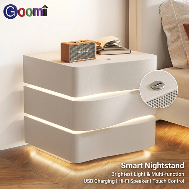 Goomi Home Curved Drawer Smart Nightstand USB Charging Built-in Bluetooth Speaker Modern Bedroom Multifunctional Bedside Table